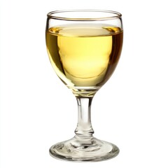 A glass goblet of golden liquid, likely wine or juice, set against a white backdrop with clear glass and soft lighting, creating a simple, elegant presentation