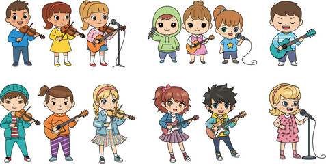 Obraz premium Cartoon children performing music with instruments and microphones, diverse character set for education, lifestyle, entertainment, and group activity themes