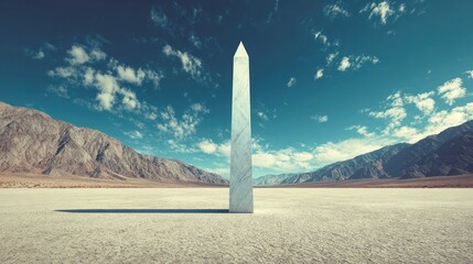 A tall, marble-like obelisk stands in a cracked, arid landscape under a bright, blue, partly cloudy sky, with mountains in the distance