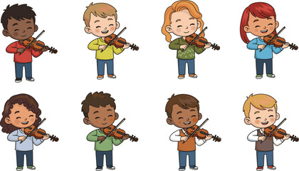 Cartoon children playing violins, diverse musical character set with joyful expressions, music class vector for education, lifestyle, and performance themes