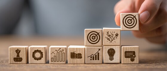 Wooden blocks with various icons are arranged like a staircase. A hand places a target icon atop. The blocks rest on a textured, light brown surface