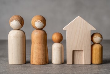 Wooden family figurines with masks stand beside a small house on a grey surface, symbolizing safety and protection in a modern world