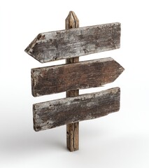 Weathered wooden signpost with three arrow-shaped planks pointing in different directions, isolated against a white background, showing natural grain