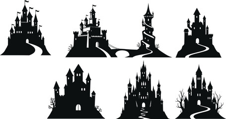 Castle silhouette vector set, fantasy and medieval architecture, gothic towers on hills, black and white illustration for storytelling, games, design assets © Riko Creations