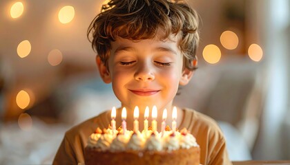 A boy blowing out candles on a birthday cake