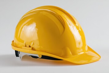 A glossy, bright yellow hard hat with visible adjustable straps rests on a white surface, casting a gentle shadow to its right