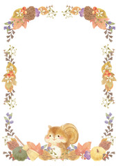 Watercolor illustration of a squirrel with autumn flowers and pinecones frame, with copy space and transparent background/水彩で描いたリスと秋の花や松ぼっくりのフレームイラスト、コピースペース付きで透過背景にも対応 