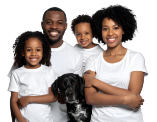 A family poses with their dog against on a transparent background, smiling and enjoyi