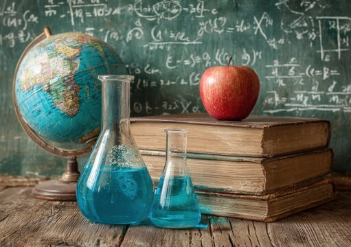 Still life globe, chemistry beakers w/ blue liquid, books, apple on a wooden surface, chalkboard background w/ math equations