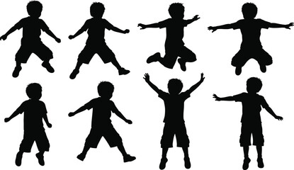 Child jumping silhouette set, black-and-white illustrations of playful motion and active poses for animation, lifestyle, education, and youth themes