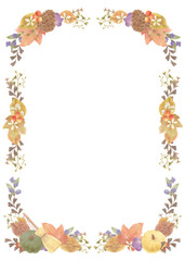 Watercolor illustration with autumn flowers and pinecones frame, with copy space and transparent background / 水彩で描いた秋の花や松ぼっくりのフレームイラスト、コピースペース付きで透過背景にも対応 