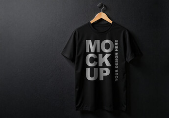 Professional Black T-Shirt Mockup Hanging from a Wooden Hanger Against a Black Textured Wall