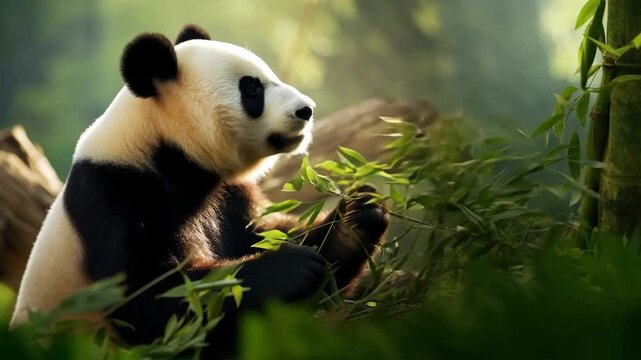 Close-up video of a panda eating bamboo in a lush forest. Captured at eye level, showcasing natural beauty and serene wildlife moments. Live desktop wallpaper.