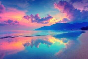 Vibrant sunset paints the sky & ocean w/ pastel hues reflecting off the wet sandy shore. Lush mountains create a tranquil backdrop