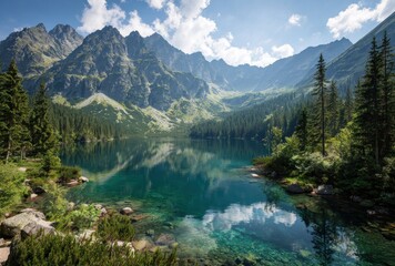 Serene alpine lake surrounded by dense evergreen forest reflects the sky, with towering mountain peaks rising in the backdrop under blue skies