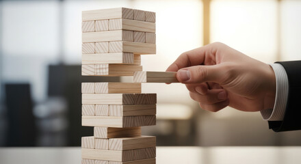 A hand carefully removes a wooden block from a precarious tower.