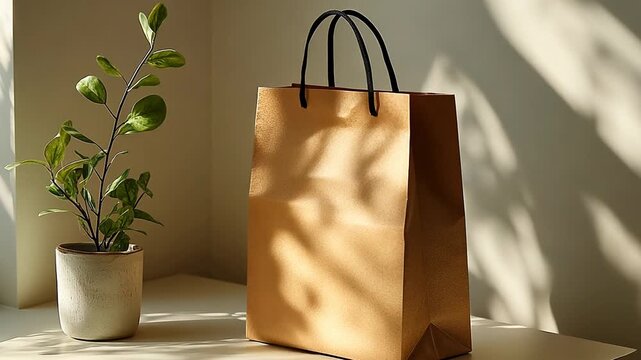 Brown paper shopping bag stands on a white table. Eco-friendly packaging concept.