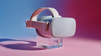 VR Headset on Acrylic Stand with Duotone Lighting — Tech Banner with Left Copy Space