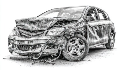 Front view of a severely wrecked, light-colored car with extensive damage to the hood and bumper, set against a stark white background