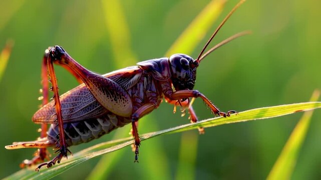 A detailed, close-up  of a cricket sitting on a blade of grass.