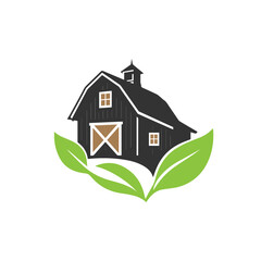 Rustic Farm Barn with Leaf Logo,  Old barn farm logo design, Organic Agriculture Vector Icon, land logo, agro farm logo