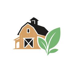Rustic Farm Barn with Leaf Logo,  Old barn farm logo design, Organic Agriculture Vector Icon, land logo, agro farm logo