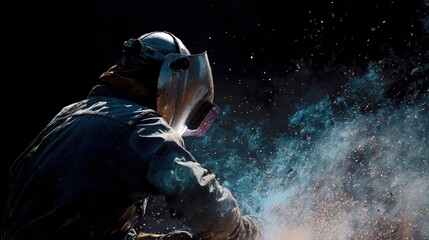 Worker in Protective Gear Creating Sparks with Metal in Dark Background