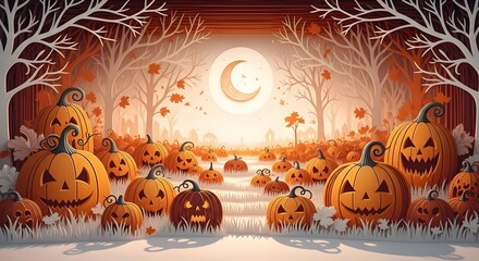 Spooky Halloween pumpkin patch glows under a crescent moon with eerie bare trees and falling leaves creating a festive autumnal scene for celebrations