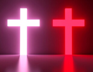Obraz premium Two glowing crosses, white and red, on a gradient background