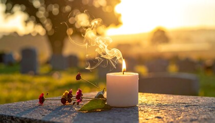 A candle on a tombstone at sunset