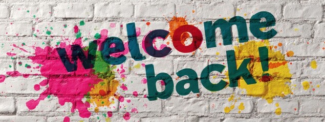 Welcome back!" text art on a white brick wall with colorful paint splashes, offering a bright, cheerful, & inviting message