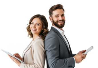 Smiling business professionals holding tablets isolated on transparent background