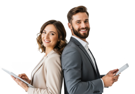 Smiling business professionals holding tablets isolated on transparent background