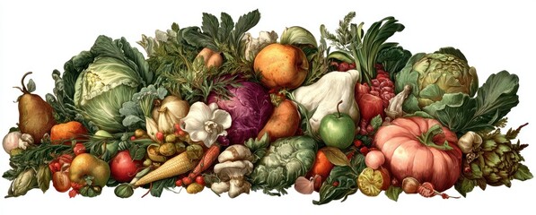 An array of colorful fresh produce, including fruits, vegetables, herbs, and mushrooms, is artistically arranged against a stark white backdrop
