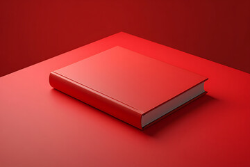 A closed red book rests on a red surface with a red background