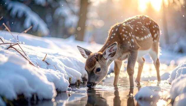 A fawn drinking from a stream in a snowy forest at sunrise