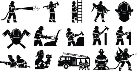 Firefighter silhouettes – fire rescue, firefighting equipment, fireman helmet, fire truck, emergency response, safety gear, fire hose vector set