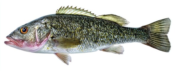 A freshwater fish with an olive and gray pattern, pale fins, and a reddish hue around its mouth swims against a white backdrop