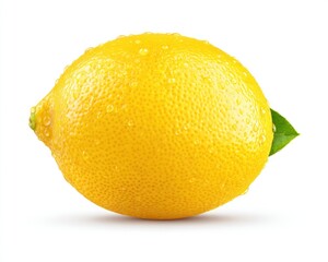 A vibrant, juicy lemon glistens with water droplets against a pristine white backdrop, with a single green leaf accentuating its natural freshness