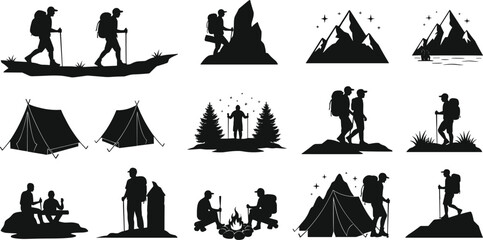 Hiking, camping, trekking, adventure, mountain silhouettes with hikers, tents, campfire, forest, stars, and backpackers, perfect for outdoor travel themes