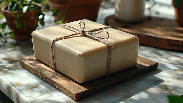 A beautifully wrapped gift box sits on a wooden board, creating a cozy and inviting atmosphere.