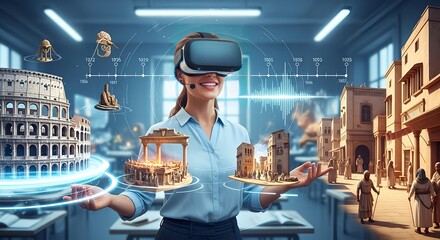 A teacher giving a virtual history lesson using immersive VR tech, 3D realistic 4K