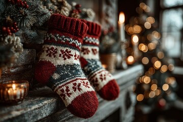 Two red and white knit socks are on a mantle next to a Christmas tree. Christmas stockings, Christmas gift sock holiday concept.