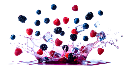 Fresh berries and ice cubes splash dynamic frozen motion high speed photography isolated on transparent background