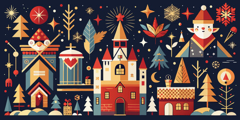 A fairytale Christmas town illustration with a castle, houses, and a decorated tree