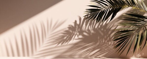 Palm leaves cast elegant shadows on a pastel surface in a minimalist composition, conveying a sense of serene tropical tranquility