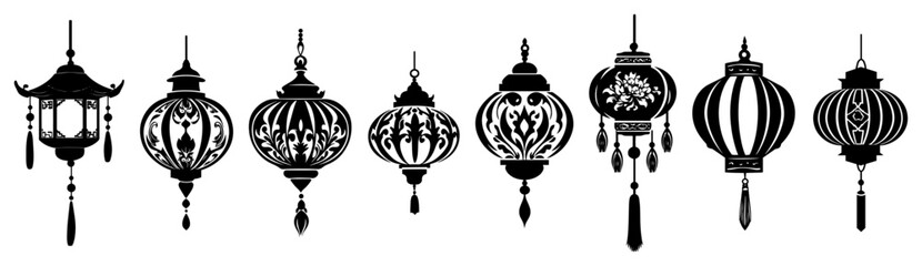 Set of traditional Chinese lantern silhouettes hanging in row – festive Asian decoration vector illustration © Luka
