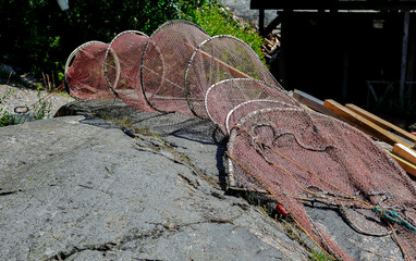 Fyke net on a granite rock in the Baltic Sea archipelago of Gryt, Sweden