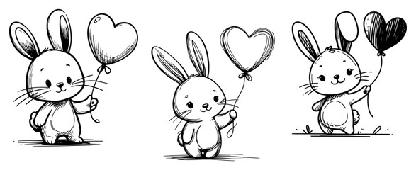 Adorable bunny characters with heart balloons, playful hand drawn rabbits &ndash; cute valentines vector illustration