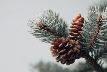 Close-up of two brown pine cones on a blue-green pine branch against a soft, out-of-focus backdrop